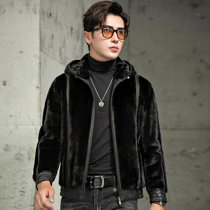 水貂毛真皮皮衣男士装短款时尚休闲连帽貂皮大衣外套冬季皮毛一体