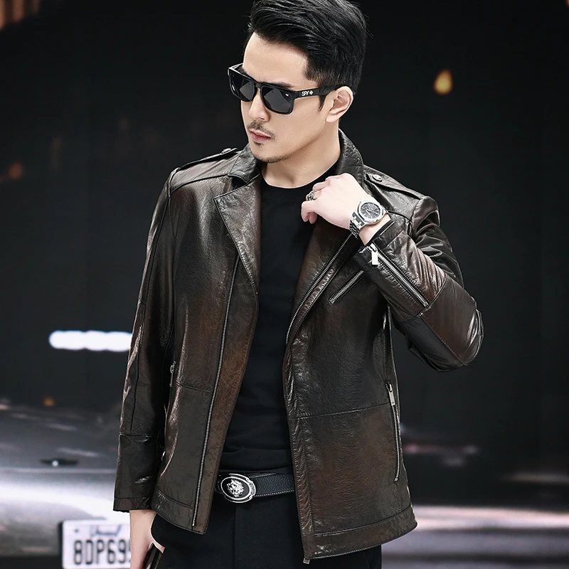 棕色爆款2024新款美式痞帅短款春秋修身潮流青年真皮皮衣机车外套