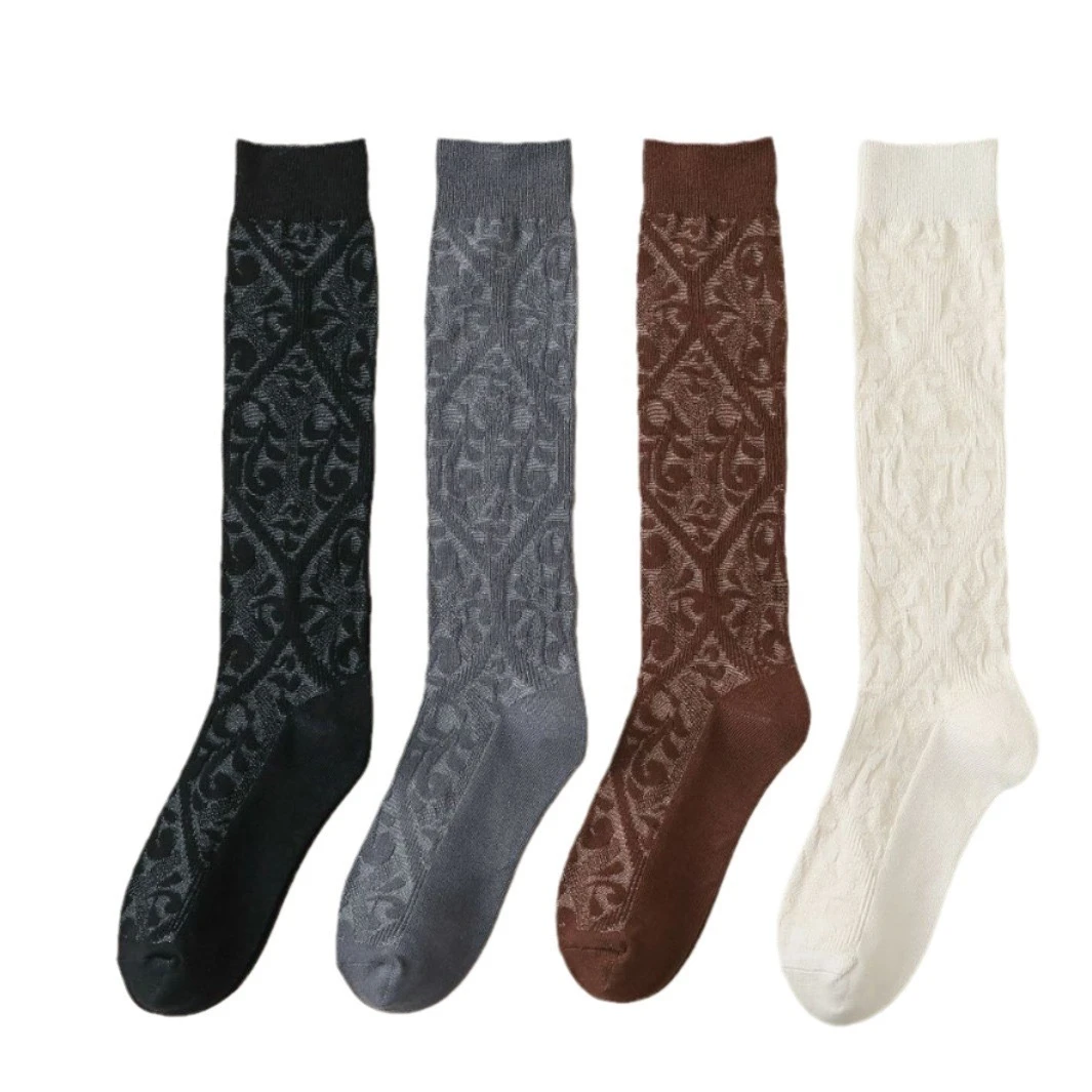 【复古风】高端双针小腿袜子女瘦腿ins潮显瘦长筒袜棉复古暗纹提花