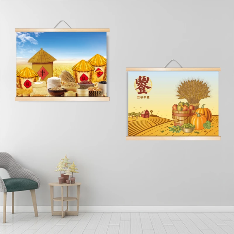 五谷丰登装饰画麦子稻谷丰收画报田园风景电表箱实木卷轴挂画餐厅