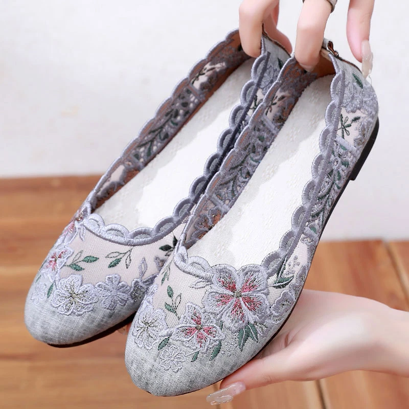 夏季民族风透气老北京布鞋女鞋网鞋浅口一脚蹬网面平底软底平底鞋