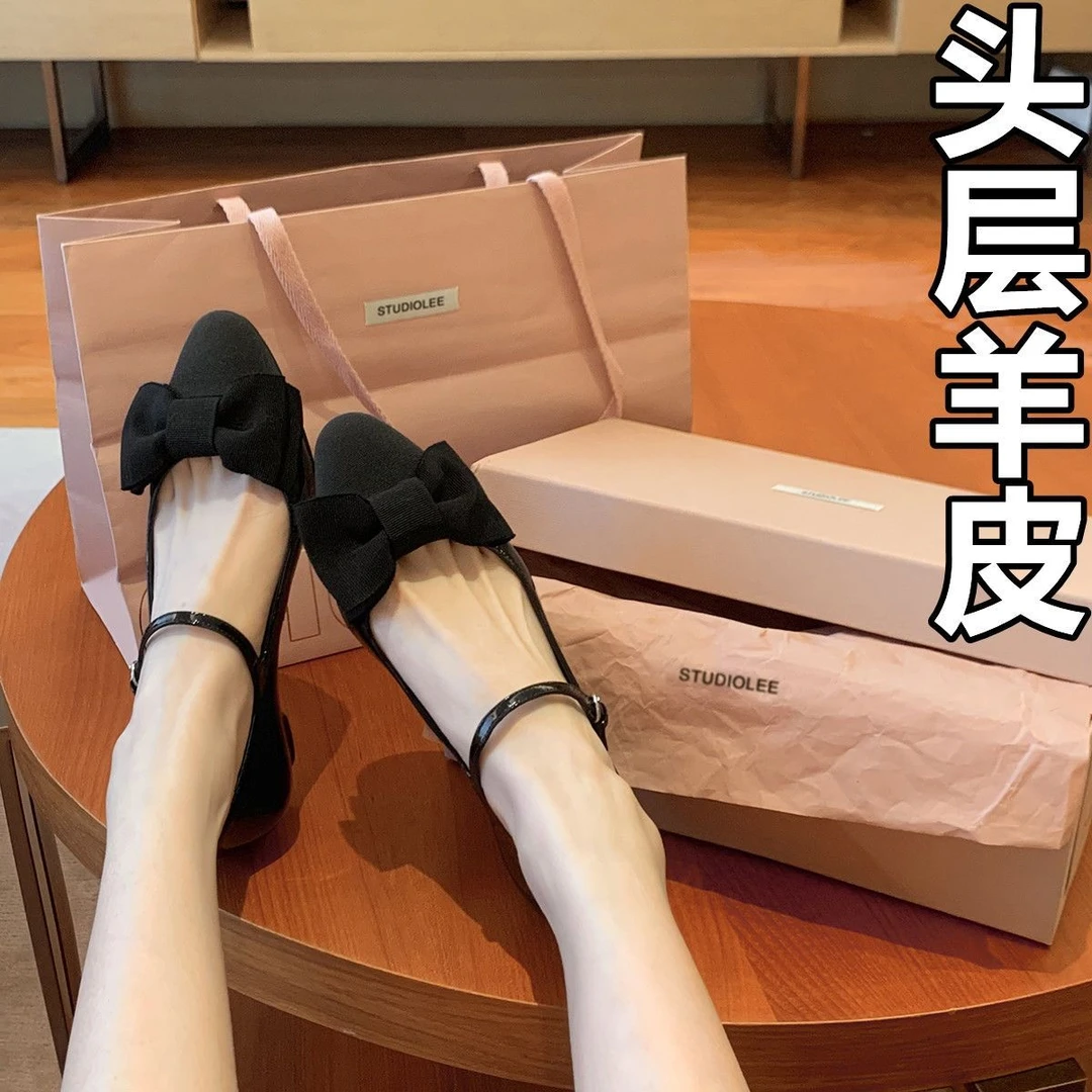 明星同款-葡萄妈奥黛丽舞会~蝴蝶结少女尖圆头一字带单鞋女玛丽珍