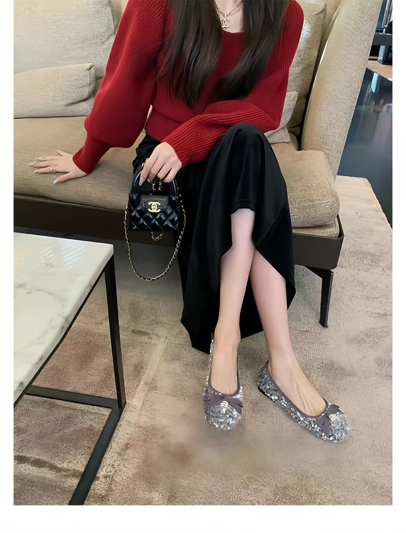 小香风百搭葡萄妈studiolee醺光晚宴~闪闪珠片蝴蝶结软底气质单鞋