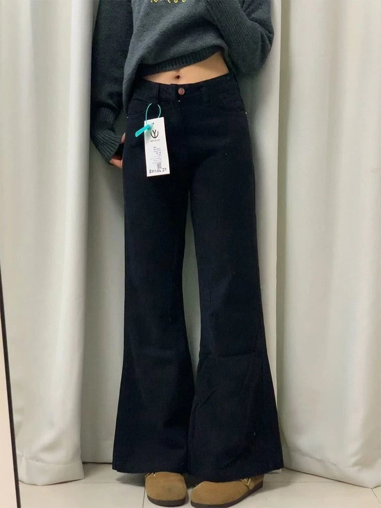 美式黑色微喇牛仔裤女高腰梨形身材显瘦宽松拖地裤阔腿低腰牛仔裤