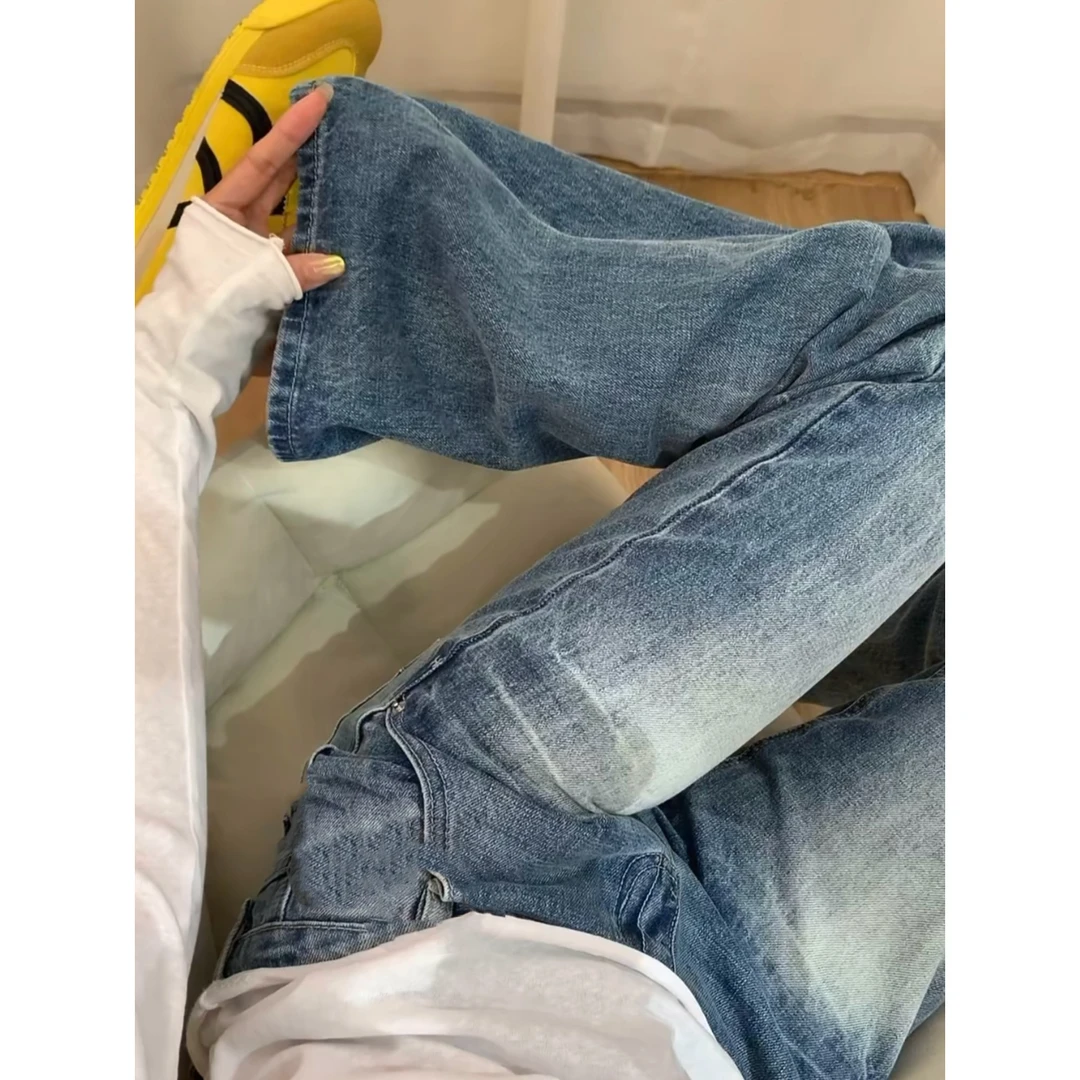 美式复古裂纹微喇女宽松显瘦辣妹喇叭裤潮直筒牛仔裤低腰牛仔裤
