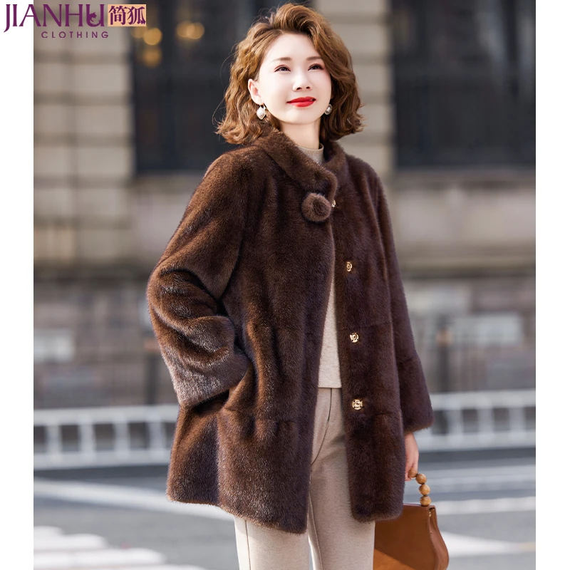 中年妈妈冬装仿水貂绒皮毛一体大衣皮草2023新款中老年贵夫人外套