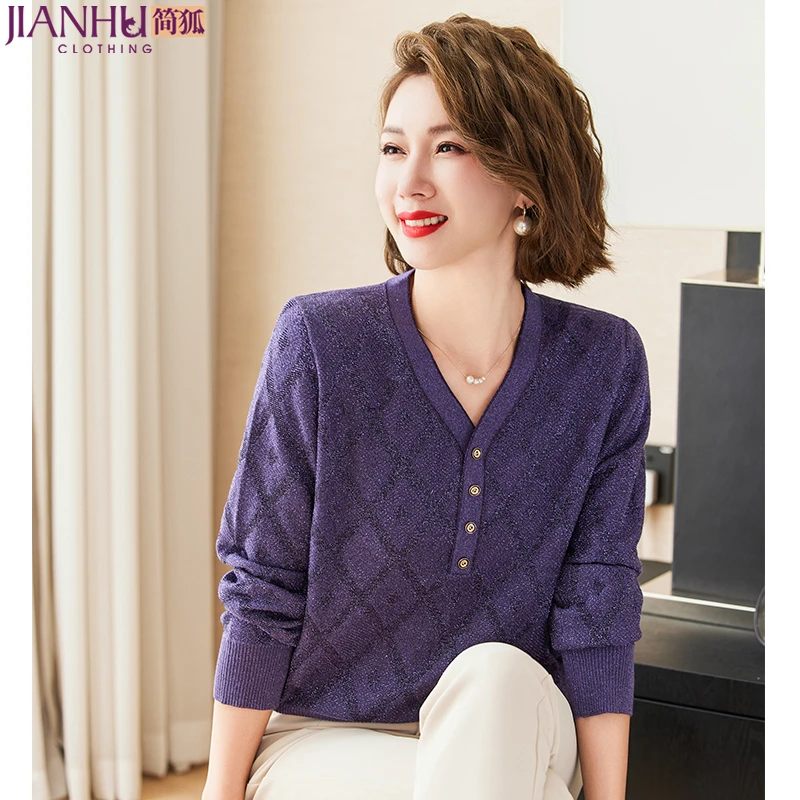 妈妈秋装针织衫长袖上衣服中年妇女春秋毛衣薄洋气中老年打底小衫