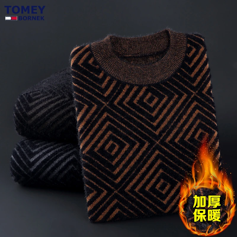 汤米希凯利冬保暖毛衣男士套头翻领针织衫加绒加厚休闲打底针织衫
