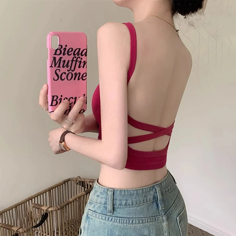 玫红色吊带背心女夏无袖外穿美背带胸垫遮副乳多巴胺jazz露背上衣
