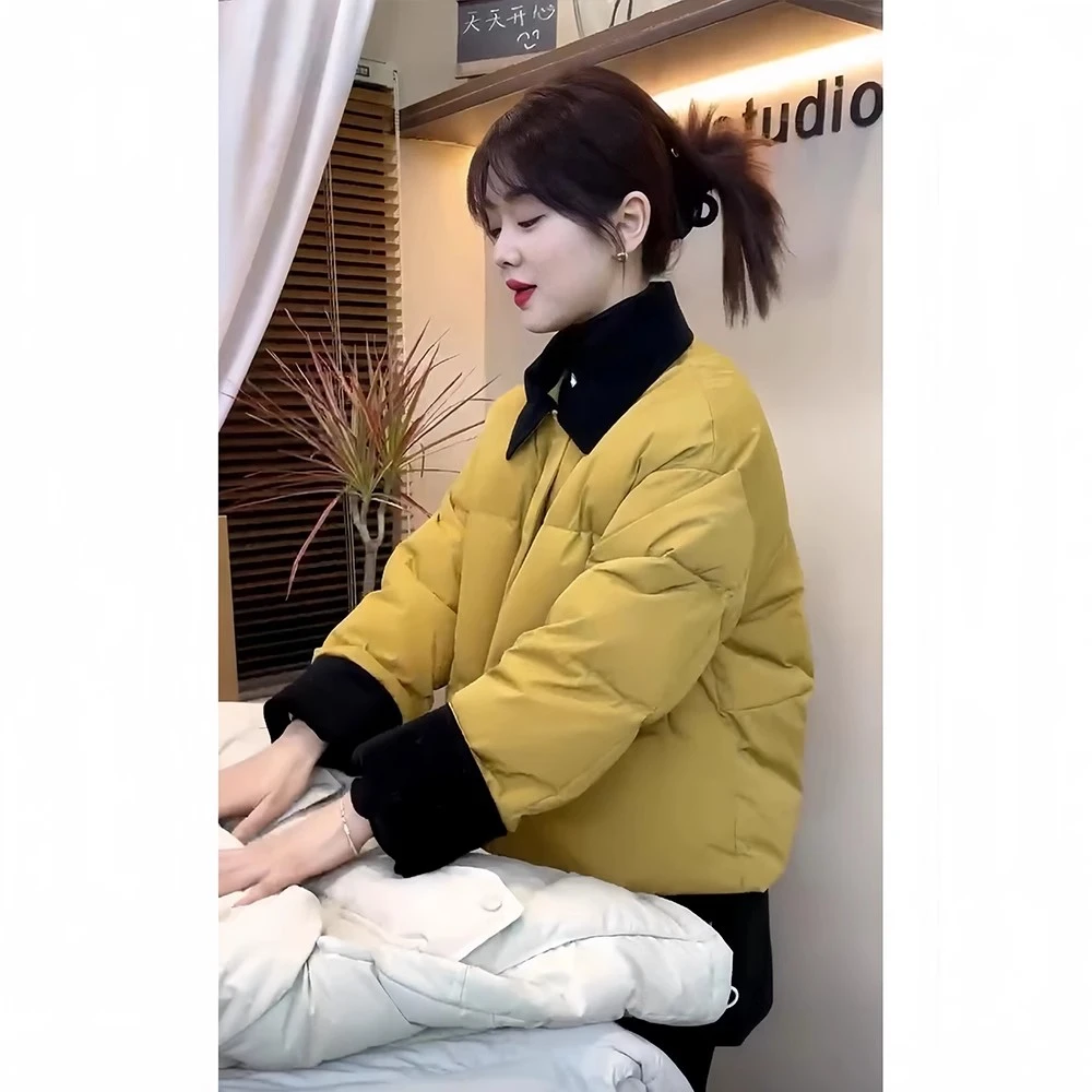 灯芯绒翻领韩版冬季新款拼接时尚棉衣女小个子宽松加厚棉衣外套