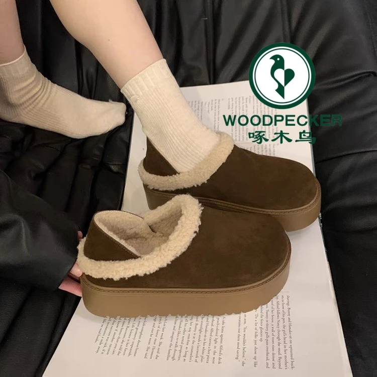 啄木鸟厚底增高勃肯鞋女毛毛拖鞋外穿2024年新款秋冬加绒包头棉鞋