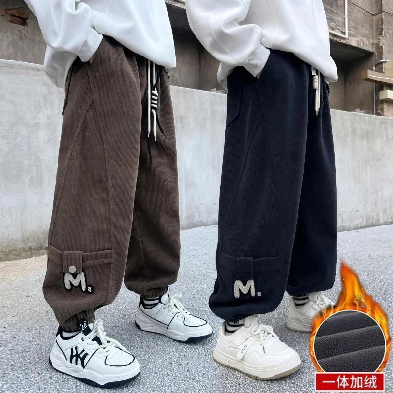 童装男童男孩加绒加厚秋冬休闲裤中大童宽松一体绒束脚裤儿童休闲