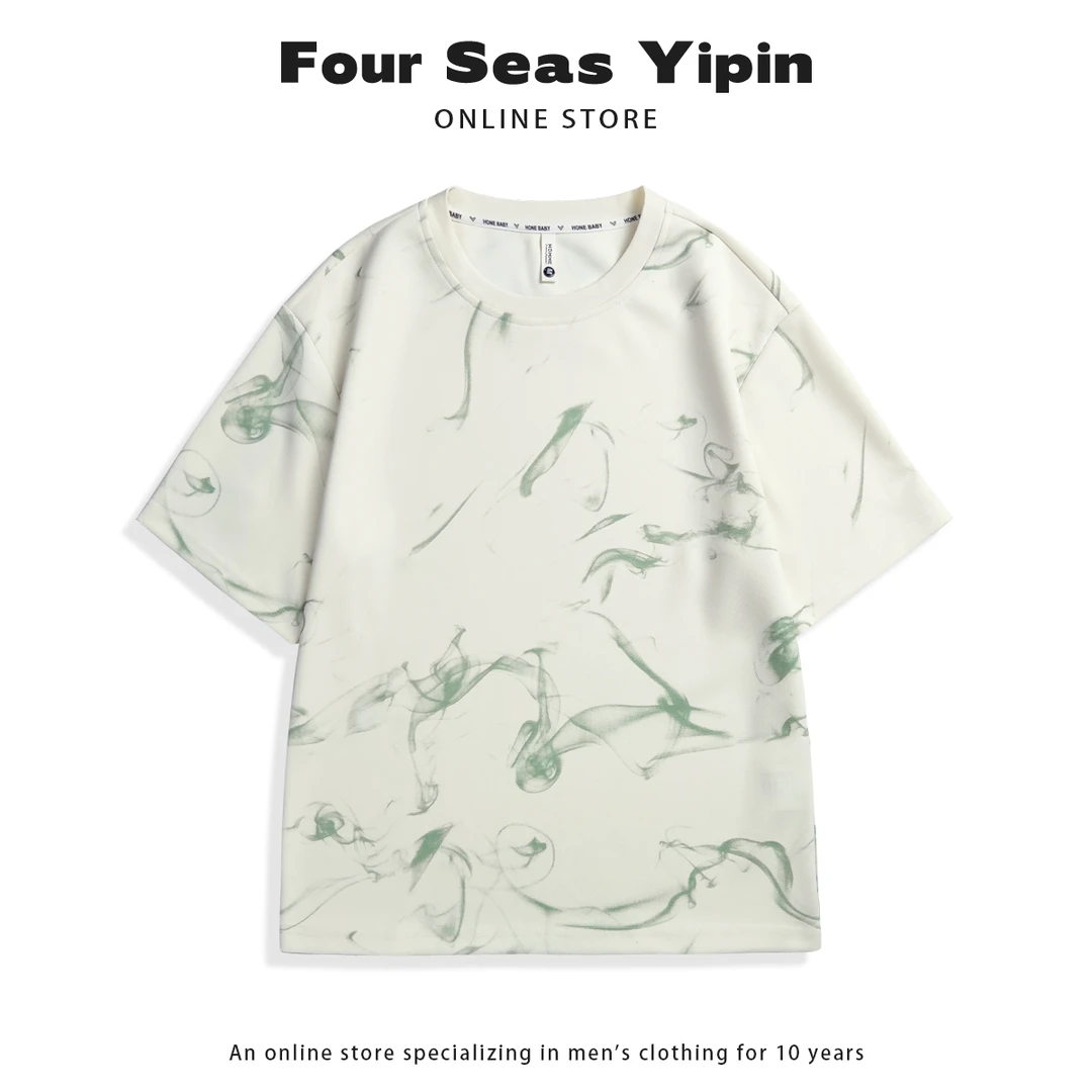 夏季新款复古水墨扎染圆领短袖男夏季欧美嘻哈宽松设计款短袖8613