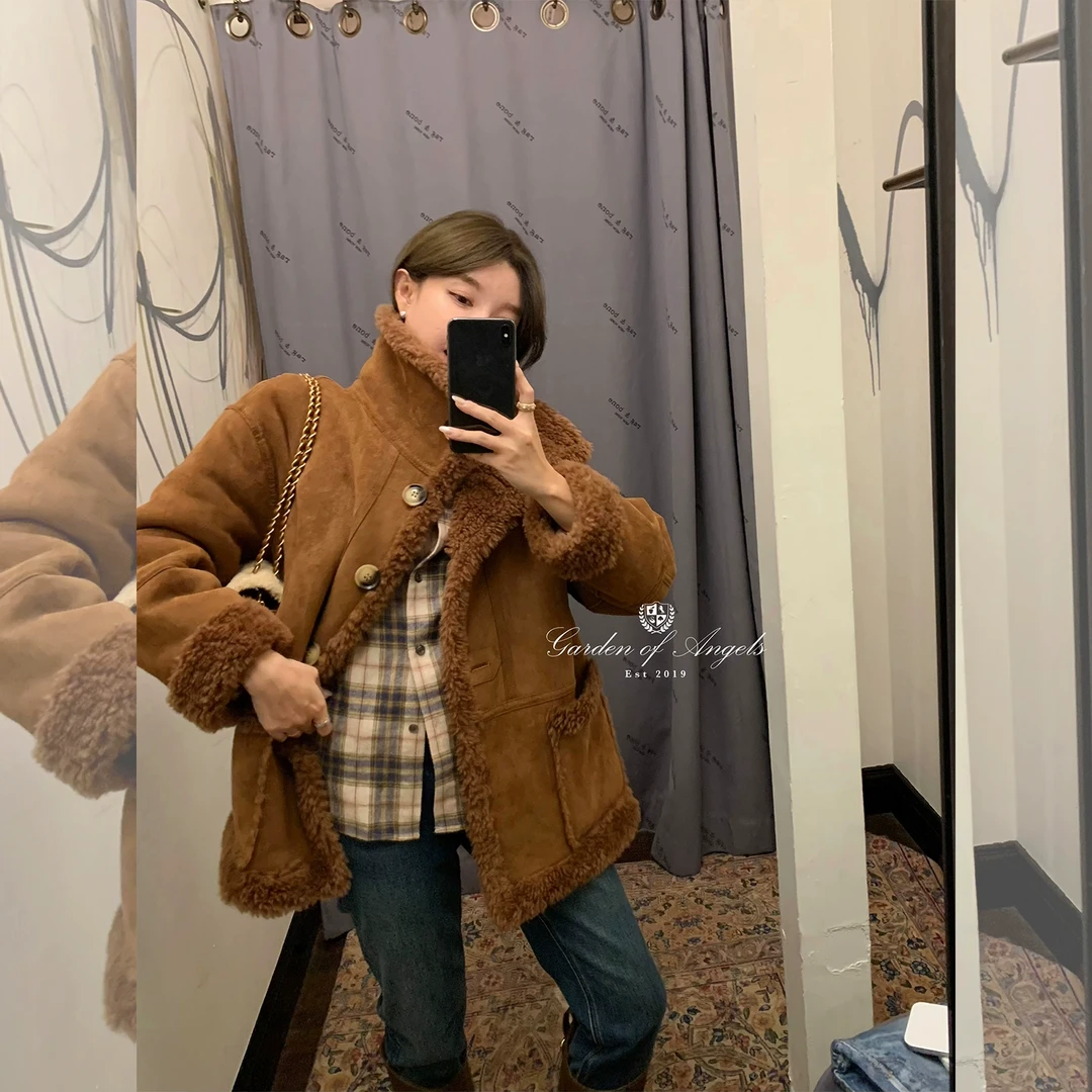 施薇靓双拼北欧卷 韩系双面穿100羊毛外套女慵懒毛毛外套