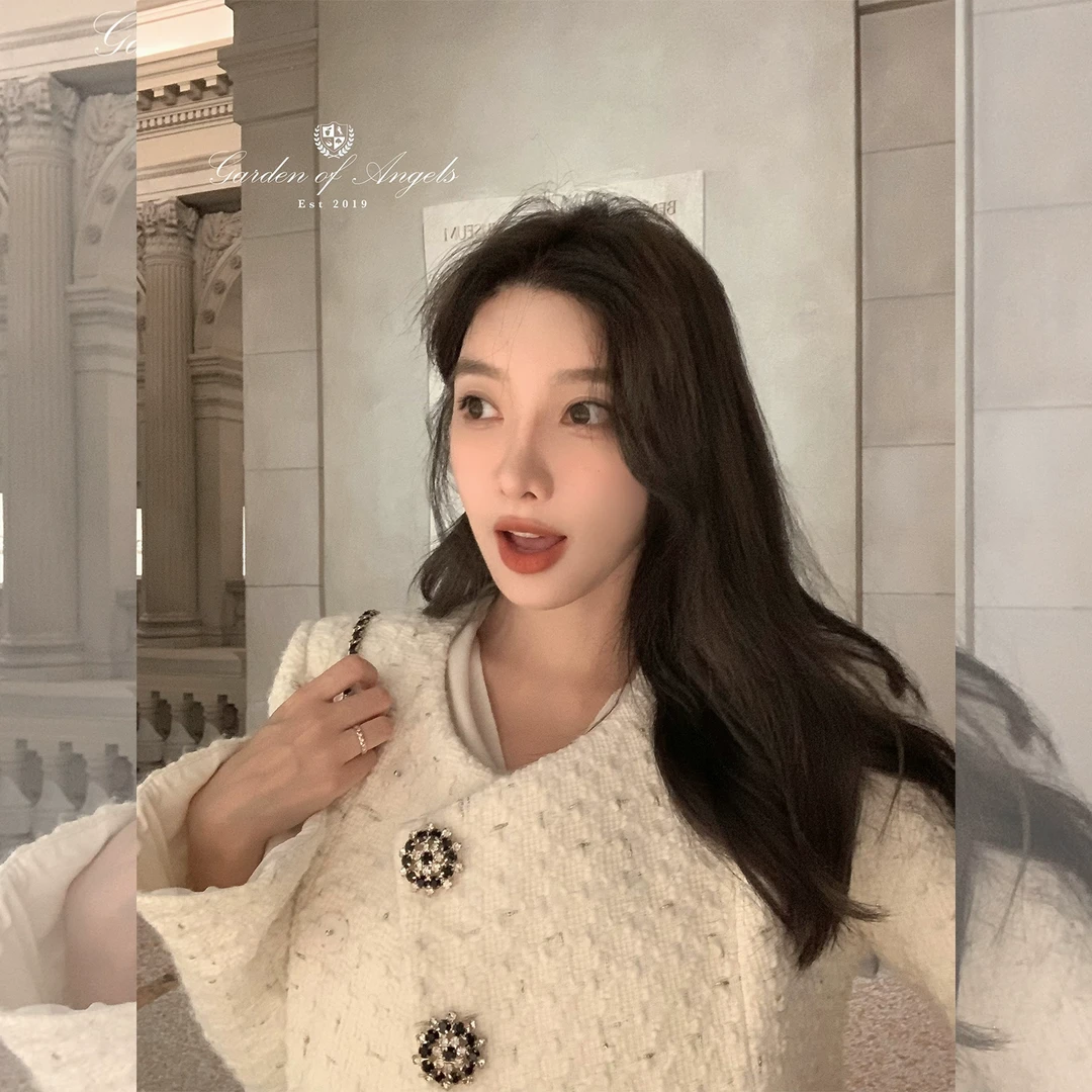 施薇靓 铂金山茶 千金风羊毛粗花呢小香外套女冬修身a字下摆上衣