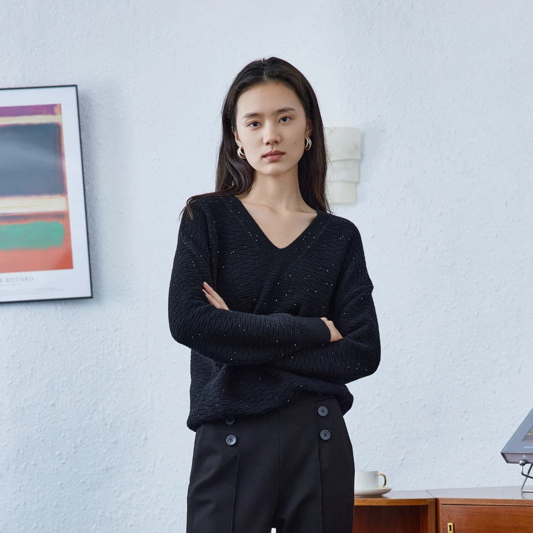 芭依璐V领设计细坑条复古毛衣88S0025