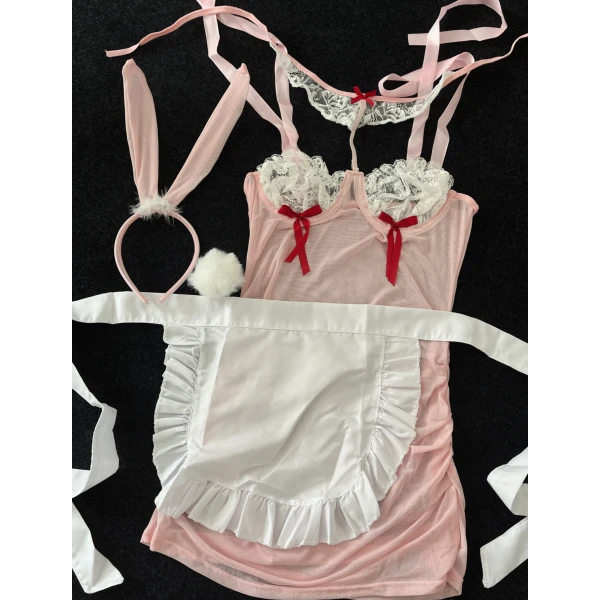 ChunAi【草莓奶昔兔兔】纯欲性感粉色网纱钢圈甜美可爱连衣裙套装裙