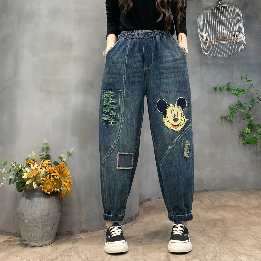 秋季松紧腰米奇重工刺绣时尚休闲百搭假破洞显瘦哈伦牛仔裤