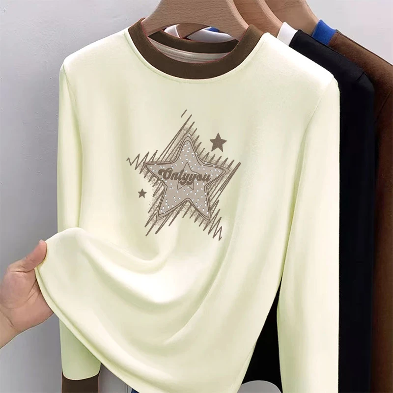 洋气显瘦2024年秋季新款印花圆百搭领潮流长袖T恤ins撞色拼色D813