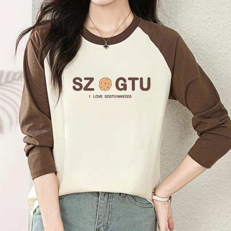 2024年秋季新款印花圆百搭领潮流长袖T恤ins撞色洋气减龄D787o