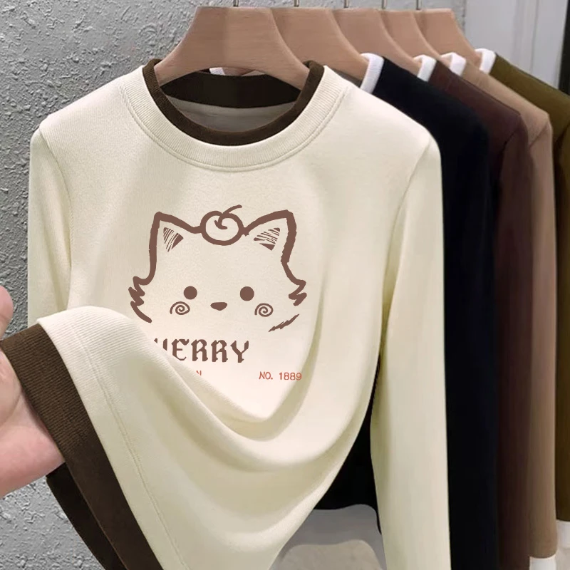 2024年秋季新款印花长袖春秋显瘦洋气时尚百搭圆领T恤ins撞色8470