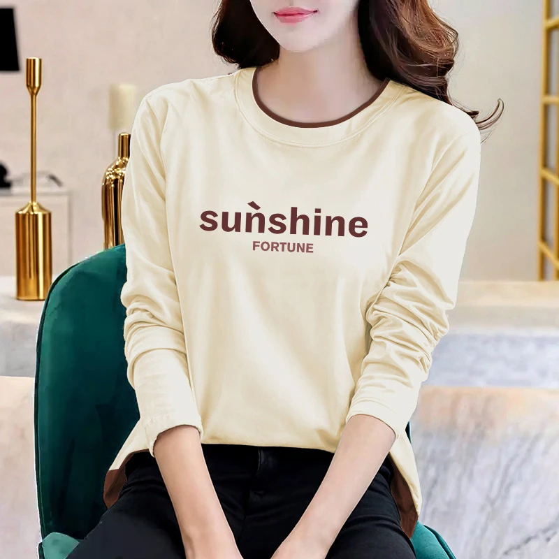 洋气显瘦2024年秋季新款印花圆领百搭潮流长袖T恤ins撞色拼色9653