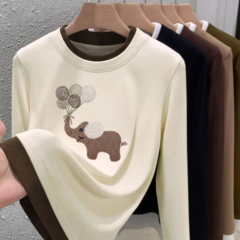 洋气显瘦2024年秋季新款印花百搭领潮流长袖T恤ins撞色拼色D1755