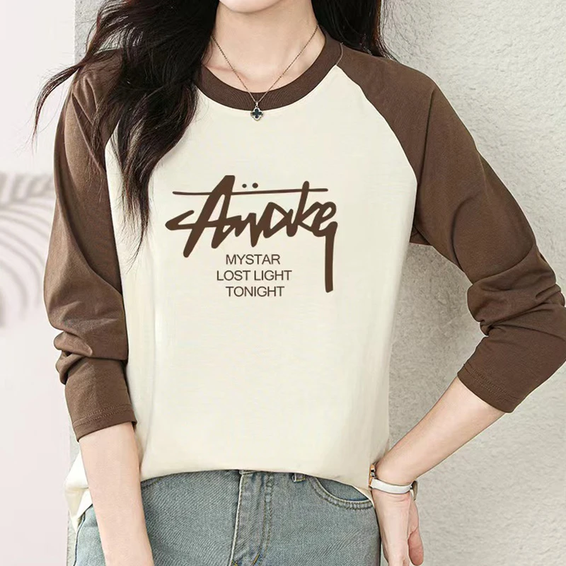 洋气显瘦2024年早秋季新款印花圆领潮流长袖T恤ins撞色拼色D851