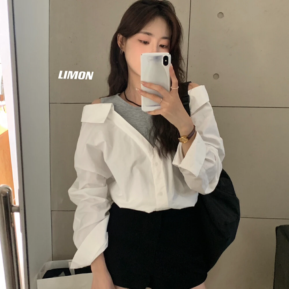 新款设计感假两件拼接露肩上衣女宽松小众休闲长袖衬衫女