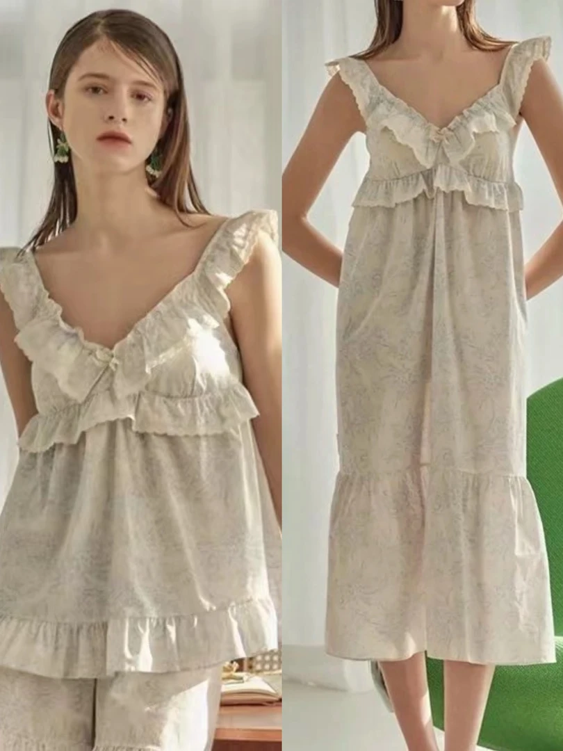 韩国ULLALA夏季蓝色系印花女士家居服套装/睡裙23163夏天甜美