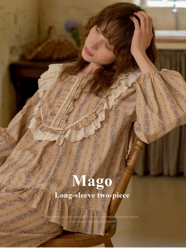 UL家/韩国2024秋季纯棉甜美宫廷风长袖睡衣套装睡裙家居服24245