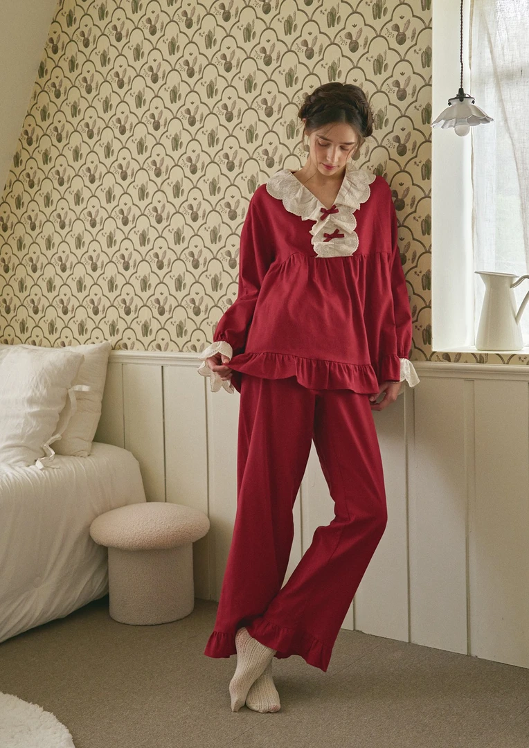 韩国ullala品牌睡衣家居服蕾丝边V领睡衣家居服24297