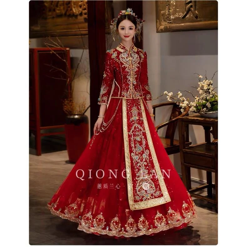 秀禾服新娘新款中式龙凤婚服红色夏季新娘服高端夏天重工婚礼修身