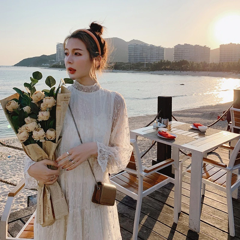 不加绒蕾丝连衣裙女2023秋冬季新款气质过膝打底仙女中长款