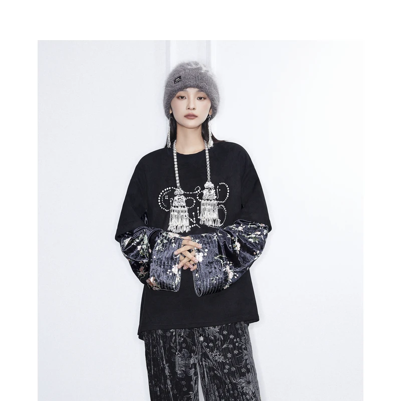 密扇玲珑系列「柔甲」圆领假两件卫衣M24DA07007001