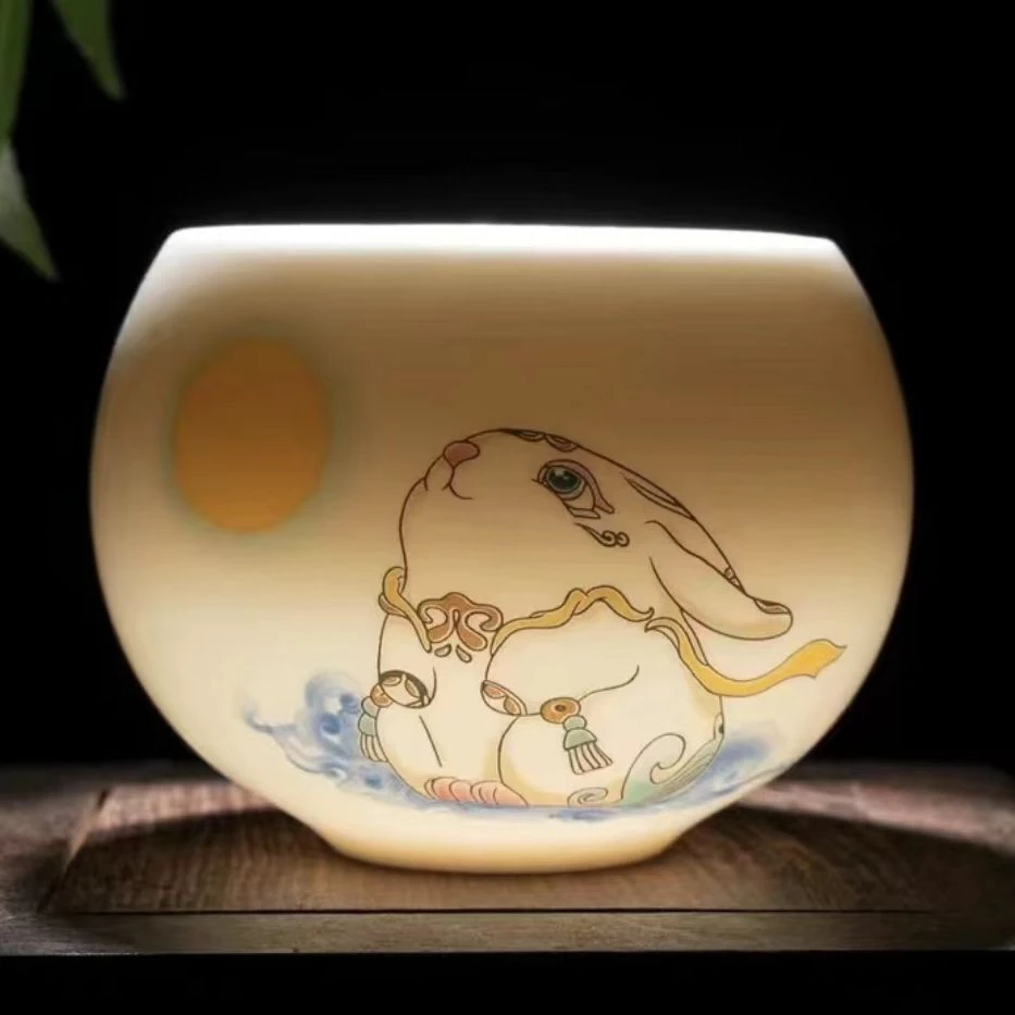 家用高档手工陶瓷茶杯手绘大号主人杯刻字白瓷描金汝窑茶具禅定杯