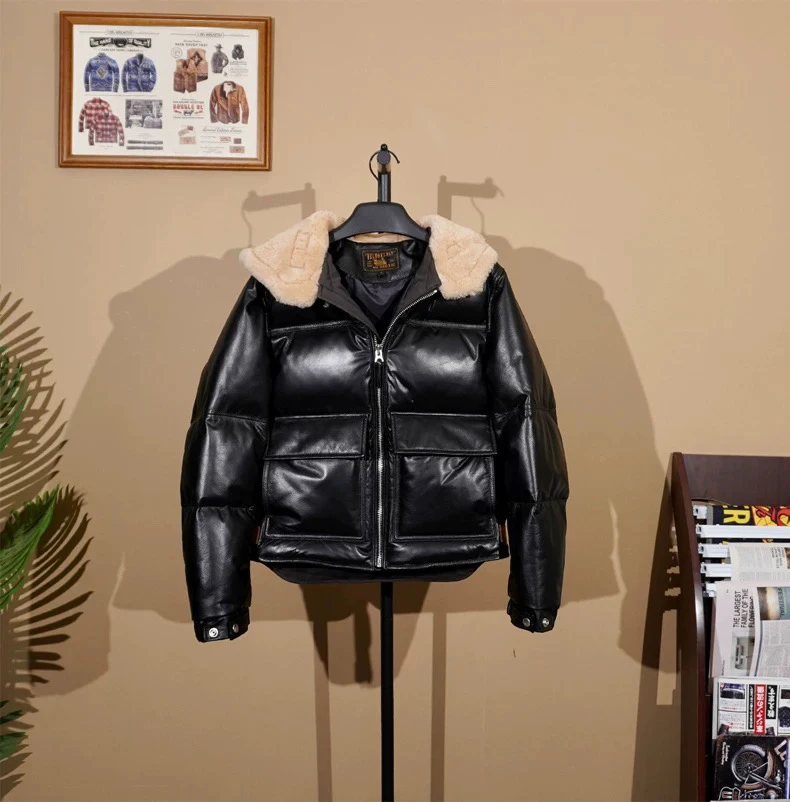 美式复古头层真皮牛皮羽绒连帽机车男短款加厚冬修身防寒服