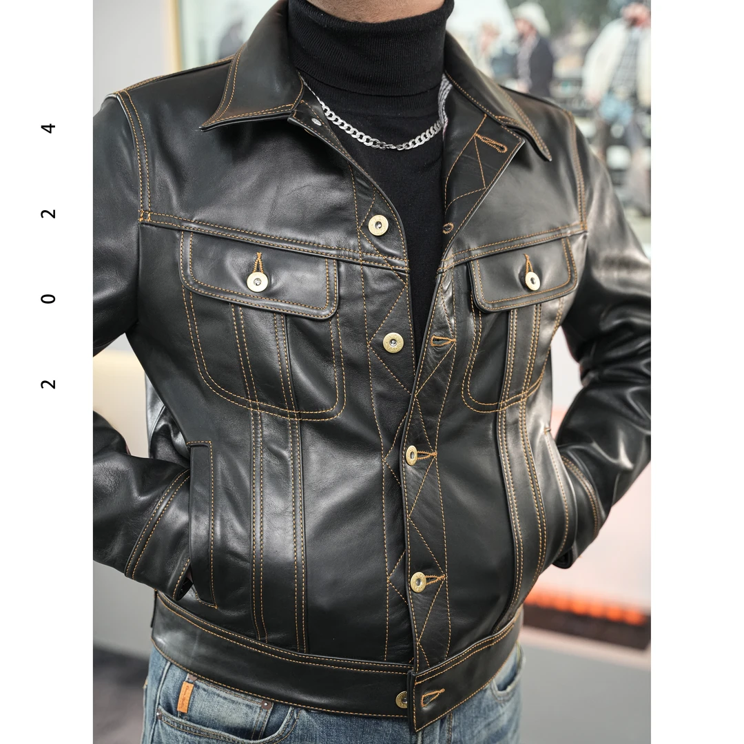 植鞣牛皮皮衣风暴骑士短款夹克修身牛仔外套机车翻领男士黑色