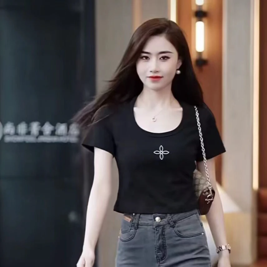 夏季2024年新款修身显瘦印花短袖T恤韩版纯棉百搭上衣女体恤2365