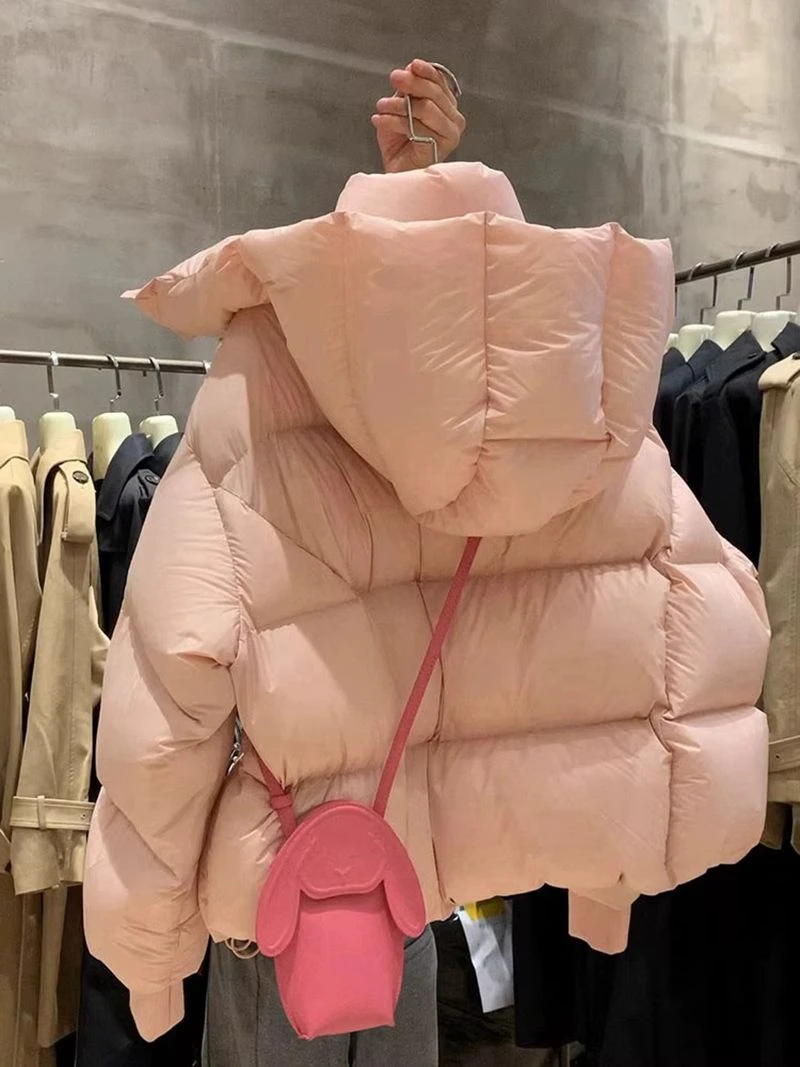 秋冬新款2023爆款高级感超好看粉色连帽羽绒棉服韩系慵懒风外套冬