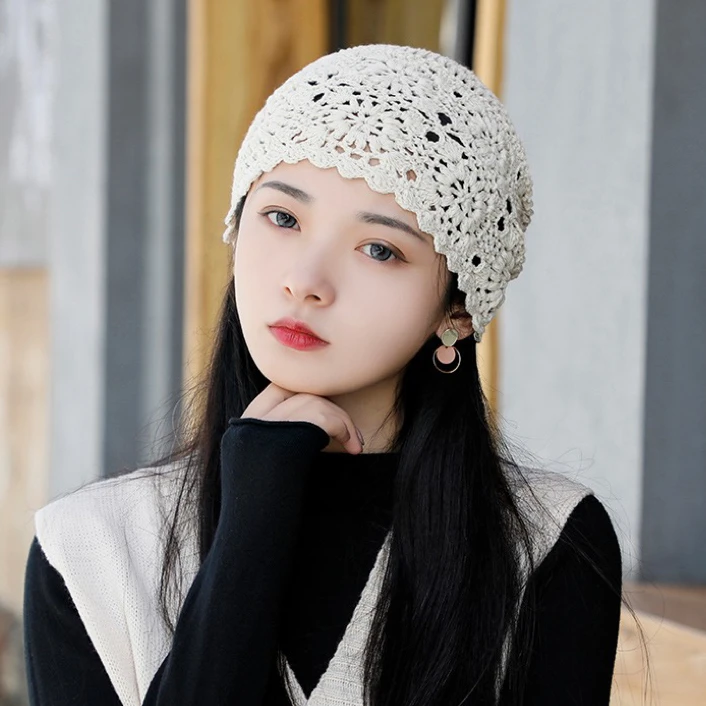 手工编织包头帽子女薄款镂空毛线帽复古文艺休闲针织帽堆堆帽百搭