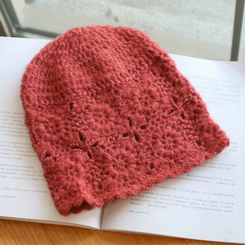 秋冬马海毛手工钩花朵针织堆堆帽女森系百搭包头帽女士红色褶皱