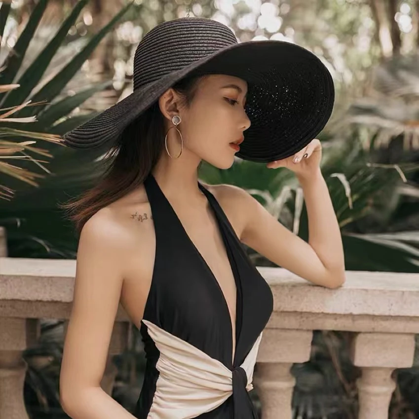 帽子遮阳帽超大帽檐草帽韩版休闲光板时尚潮圆顶度假沙滩帽可折叠