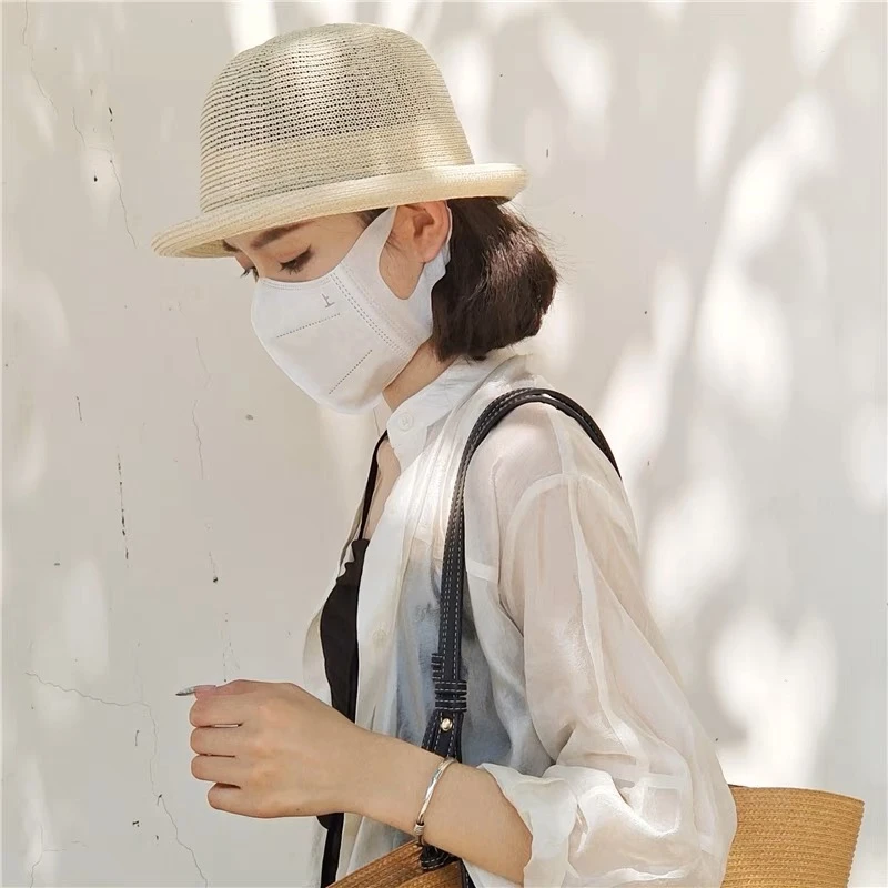 三木同款盆帽 编织渔夫帽薄款透气圆顶卷边复古法式帽子女款夏季