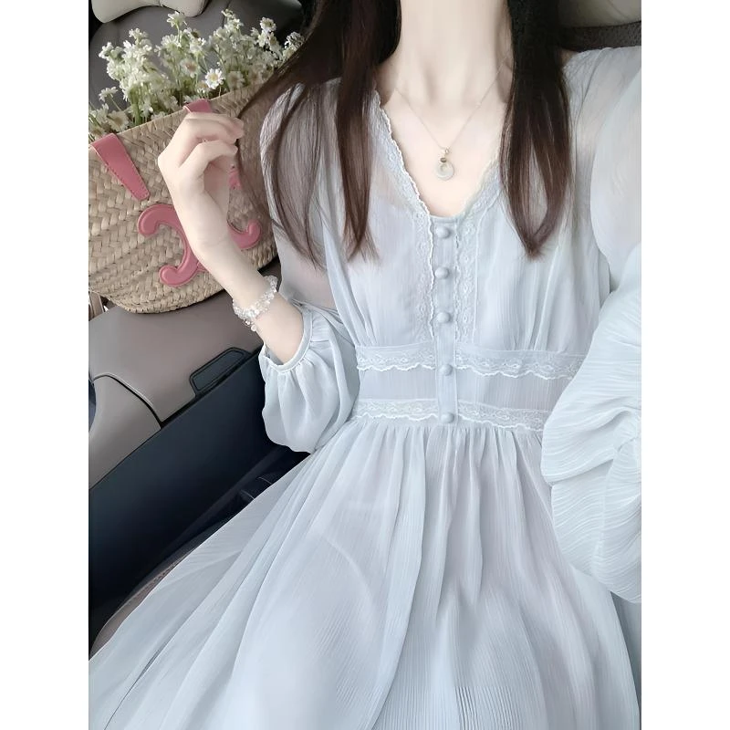 2024秋季新款气质温柔通勤雪纺收腰显瘦V领天蓝连衣裙长裙女5007