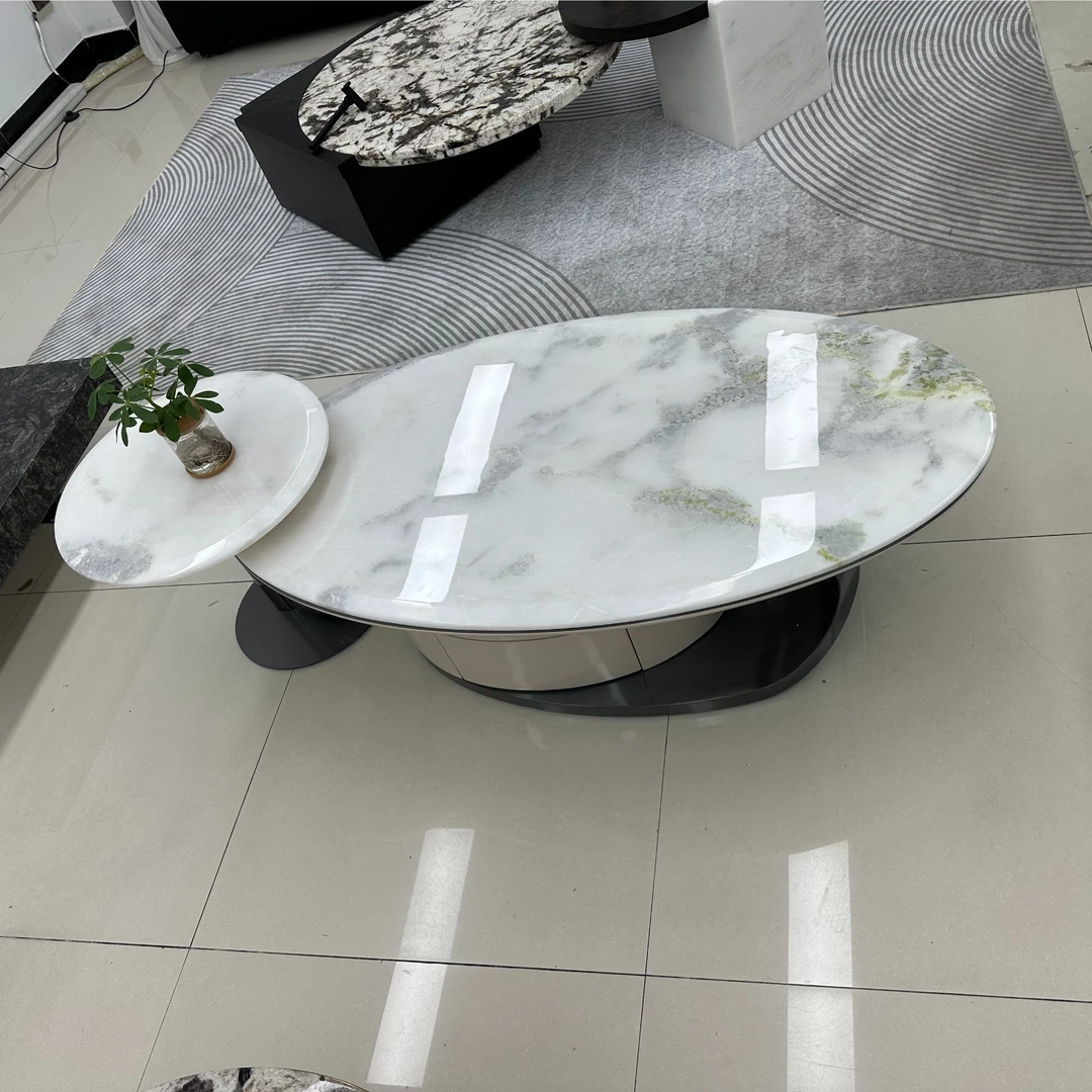 纯天然奢石绿钻芬迪白椭圆形茶几组合大理石别墅客厅搭配高级感