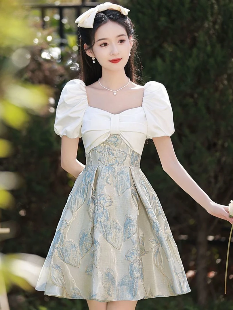 法式一字肩蓝色晚礼服高端小众宴会婚礼成人礼泡泡袖甜美公主裙