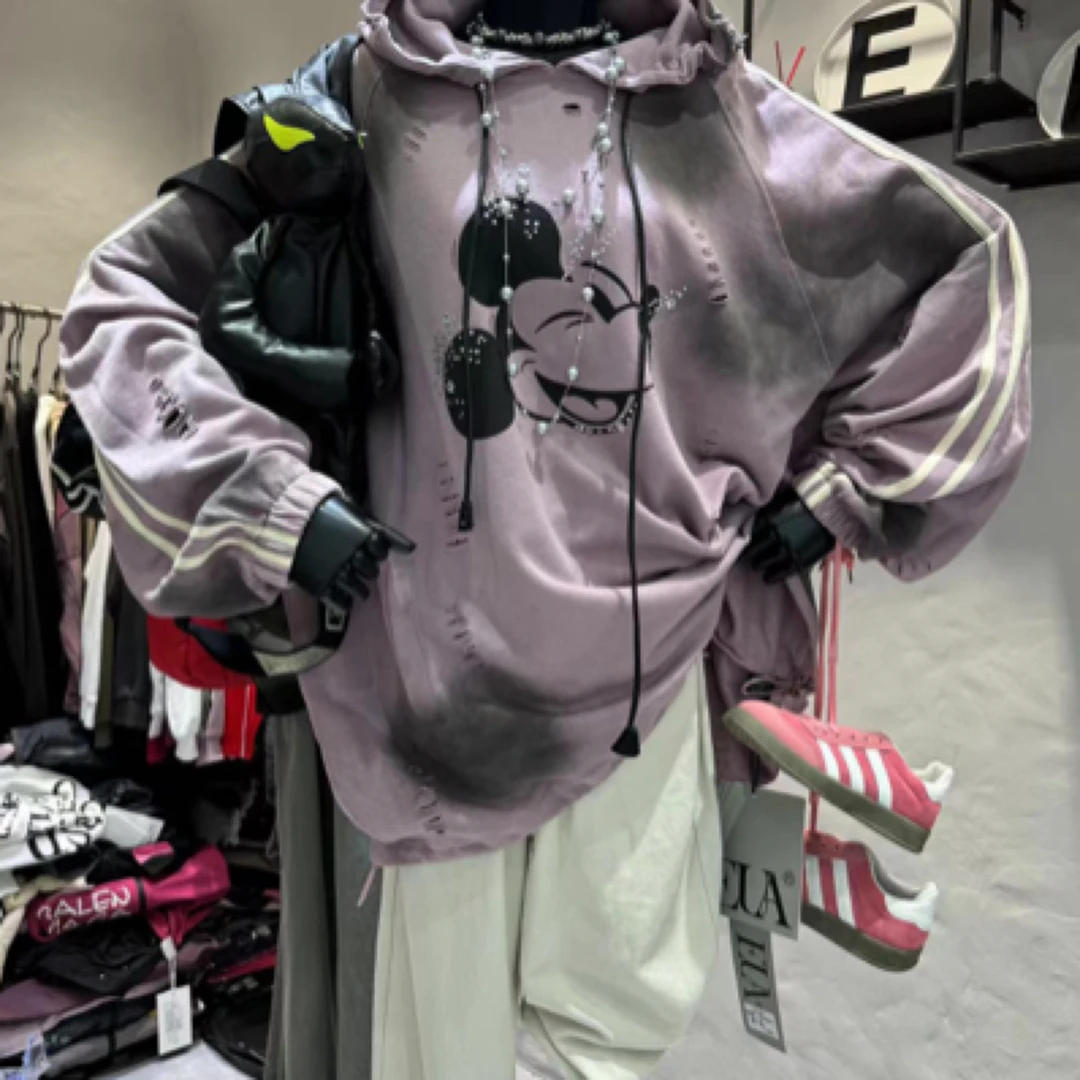 宽松大版卡通米奇做旧连帽套头卫衣秋冬新款