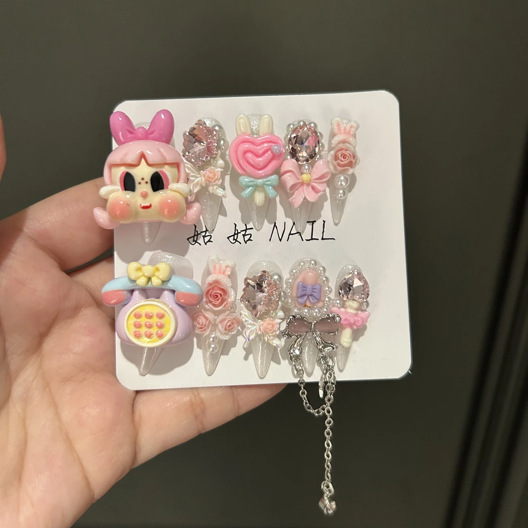 纯手工粉色穿戴甲卡通新款显白美甲美乐蒂可拆卸贴片成品甲片可爱