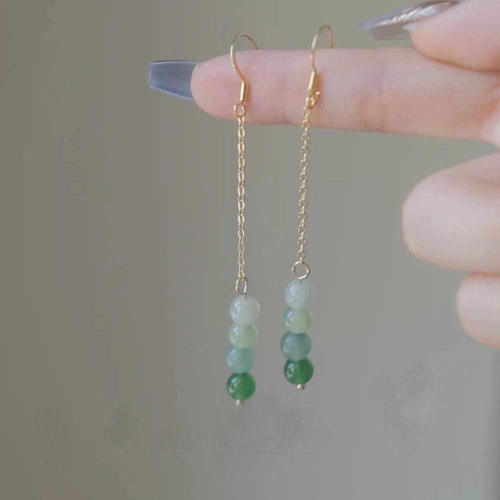 复古渐变流苏耳钉古风新中式绿色长款耳坠无耳洞耳夹小众气质耳饰